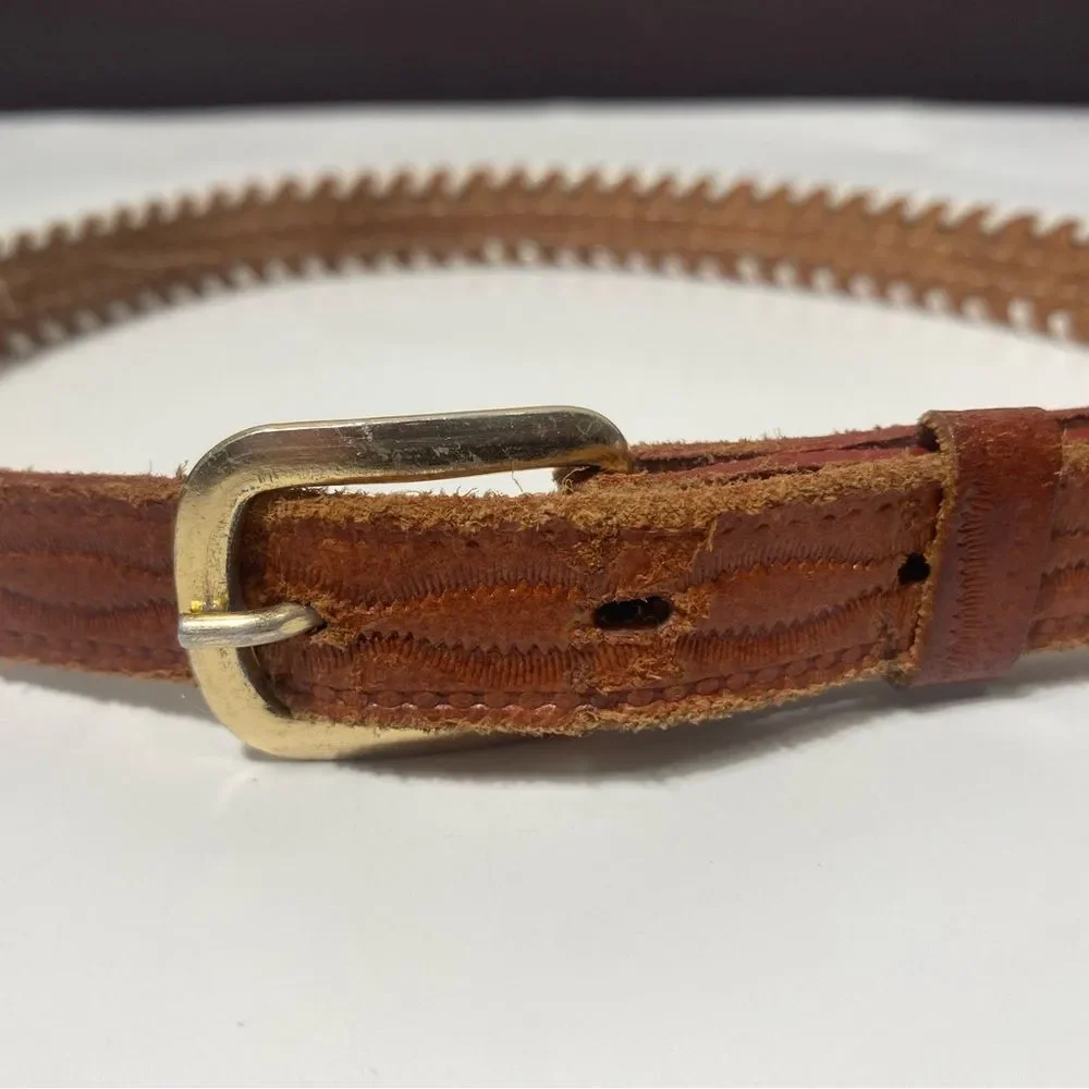 Vintage Genuine Cowhide Hand Beaded & Laced Aztec Tooled Leather Belt Size 24
